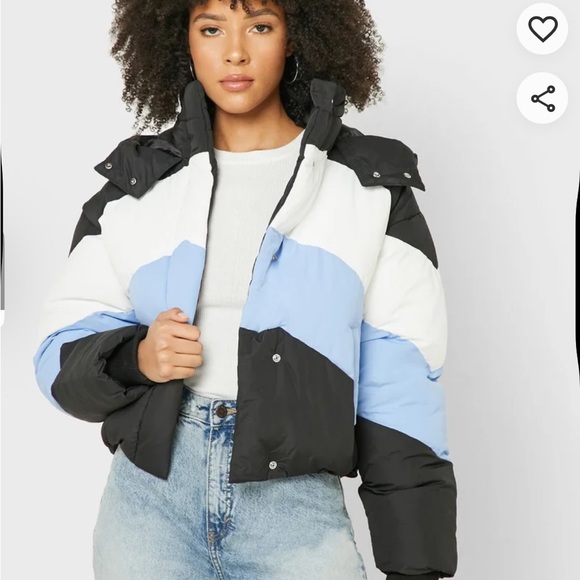 Colorblock Puffer Jacket - Black, White, and Blue - Picture 1 of 4